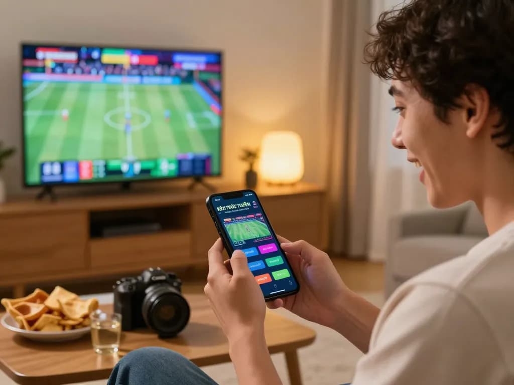 KÈO TRỰC TUYẾN sports betting setup with a user excitedly engaging on their smartphone in a cozy home environment.