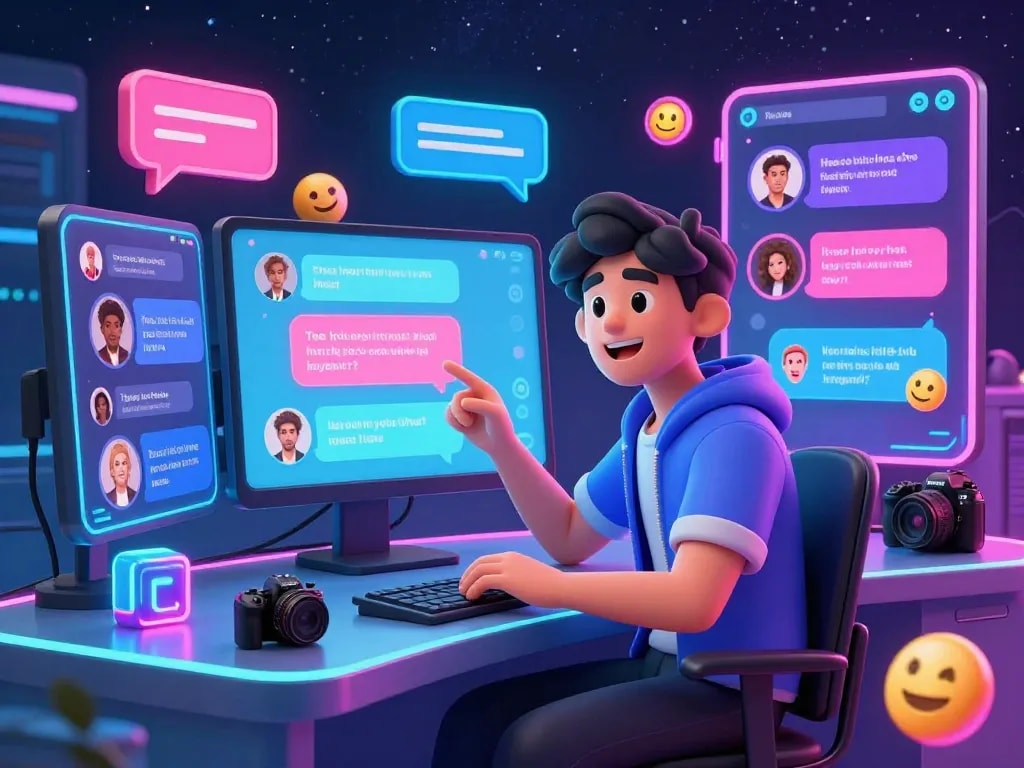 Experience engaging NSFW chat with a vibrant AI character in a futuristic digital landscape.