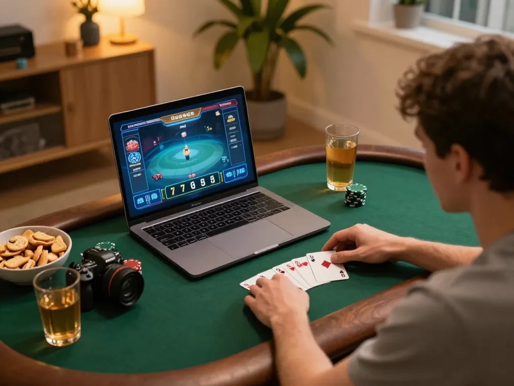 Player enjoying poker on laptop during cozy home gaming session with 32win platform.