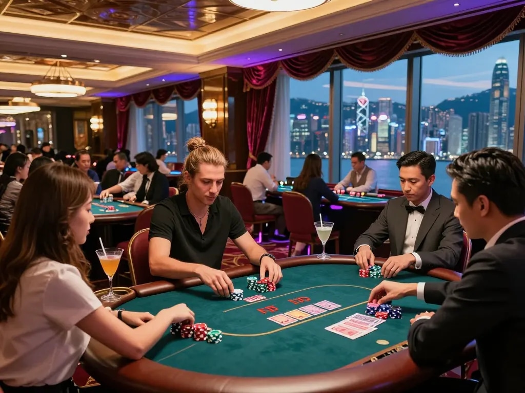 Casino hong kong gaming hall with guests enjoying poker atmosphere and skyline view