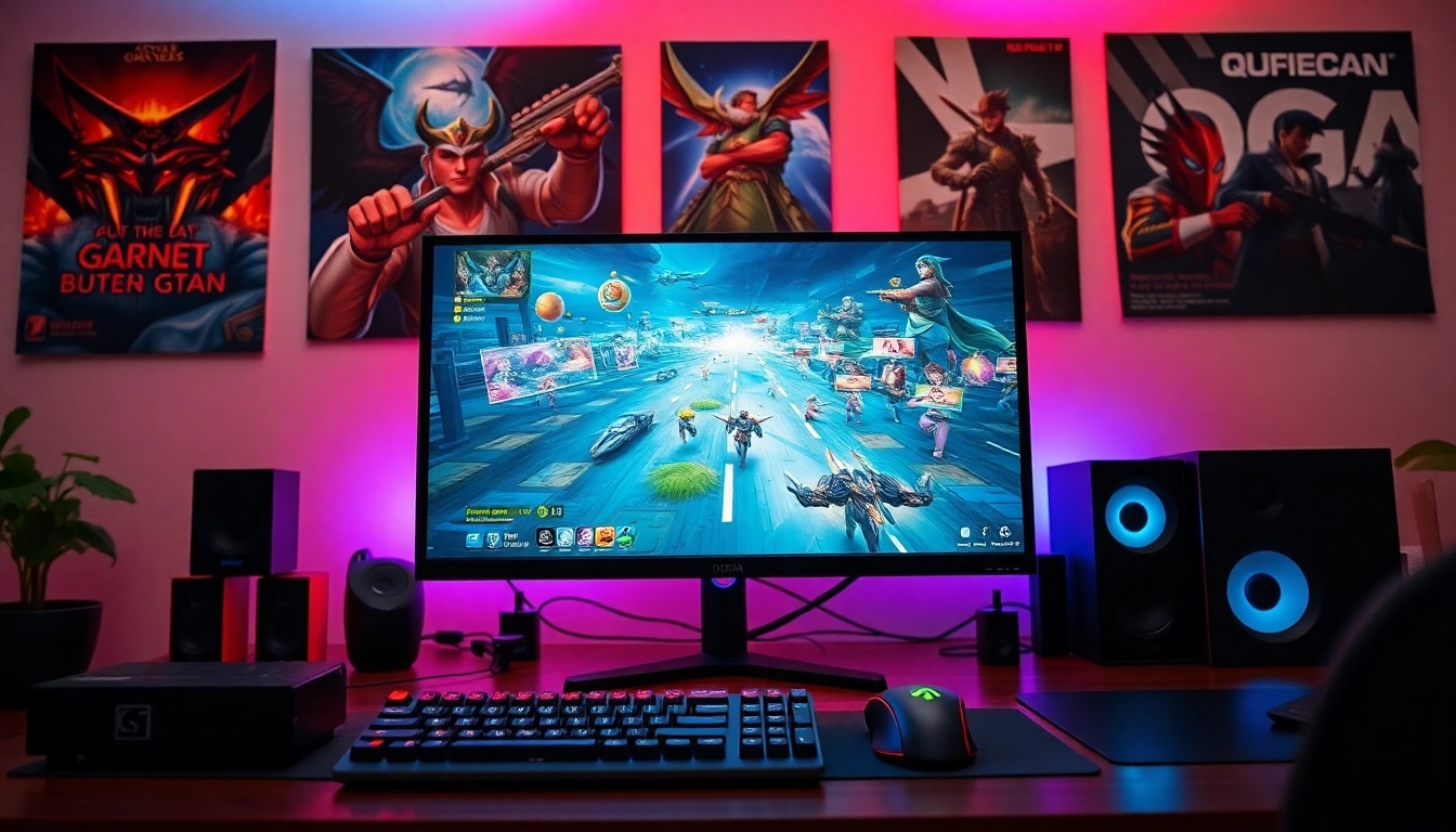 Bermain qqmacan game dengan semangat di setup gaming modern yang energik dan penuh warna.