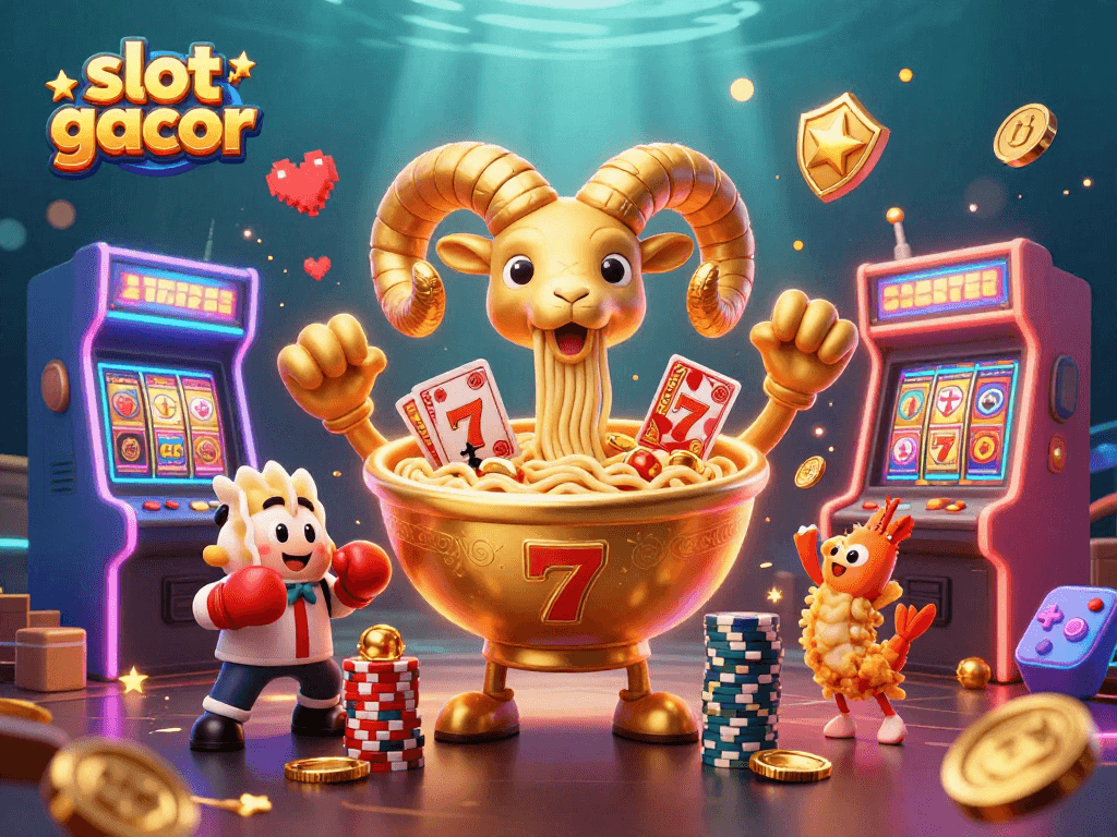 Experience slot gacor thrills with a vibrant scene featuring a ramen bowl dealer and slot elements.