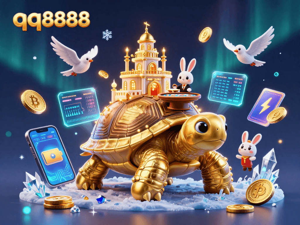Experience the thrill of qq8888 with a gold tortoise casino, dealer, and flying coins.
