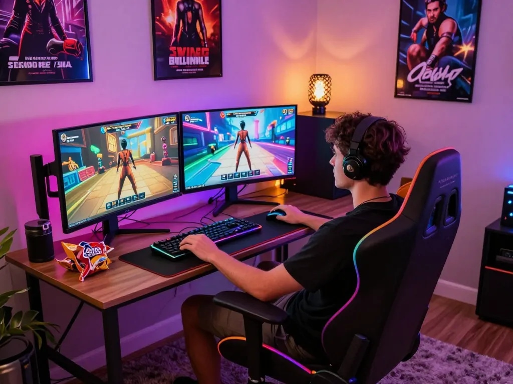Engaging player enjoying a porngame in a vibrant gaming room setup with dual monitors.