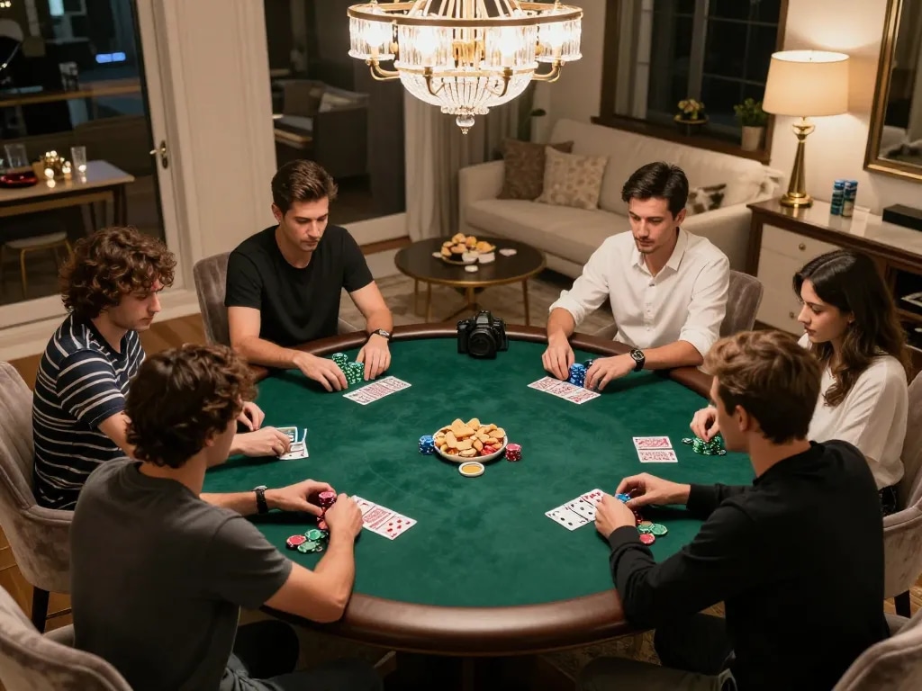 luck88com players strategizing in a high-stakes poker game at a luxurious home.