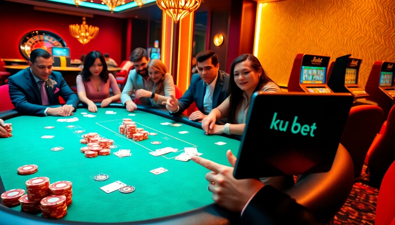 Thrilling moments at ku bet casino with players enjoying a professional poker game amidst luxurious decor.