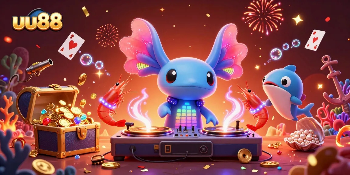 Spin to win with uu88 in a vibrant underwater casino scene featuring a DJ and lively sea creatures.