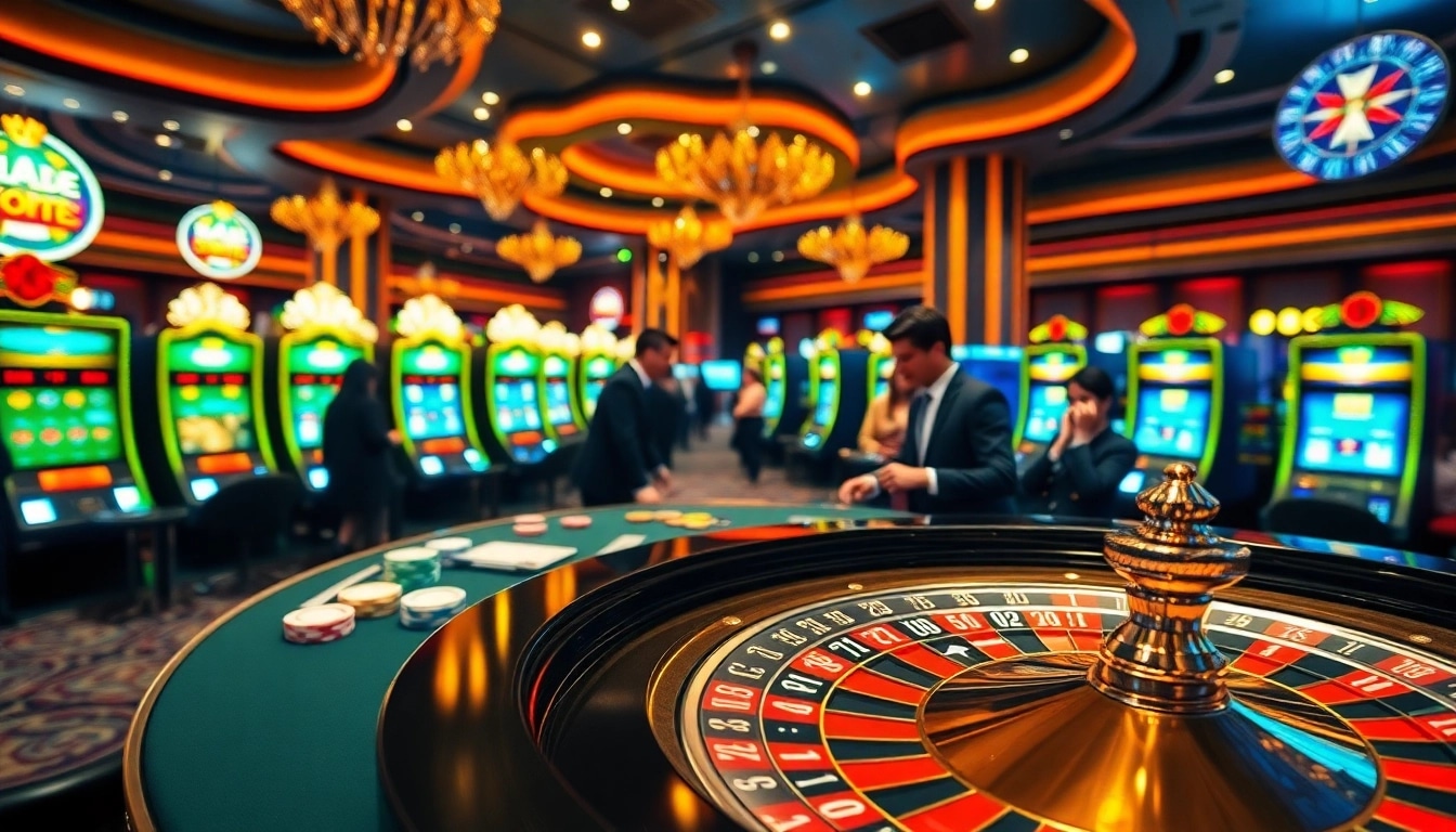 Players engaging in thrilling casino games at thabet.com, featuring roulette and vibrant slot machines.