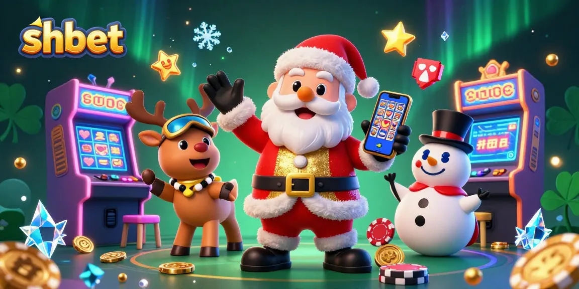 Experience jackpot excitement with shbet as Santa, his reindeer, and a snowman celebrate in a casino setting.