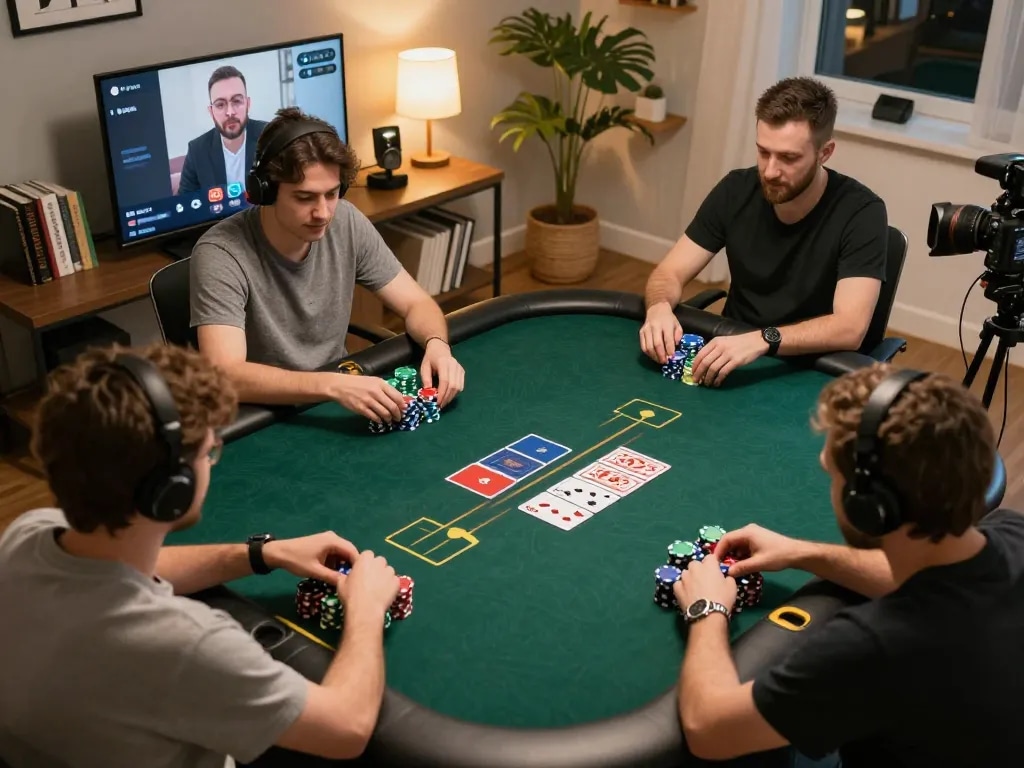 Kuwin players engage in an online poker game, showcasing strategic moves and vibrant chips.