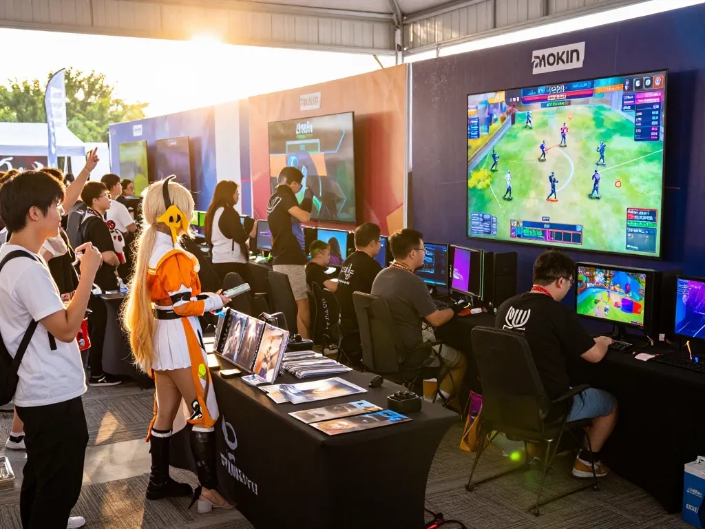 Exciting scene from https://www.gamestoursfestival.com/programme/ showcasing diverse gamers enjoying gaming booths and tournaments at a vibrant festival.