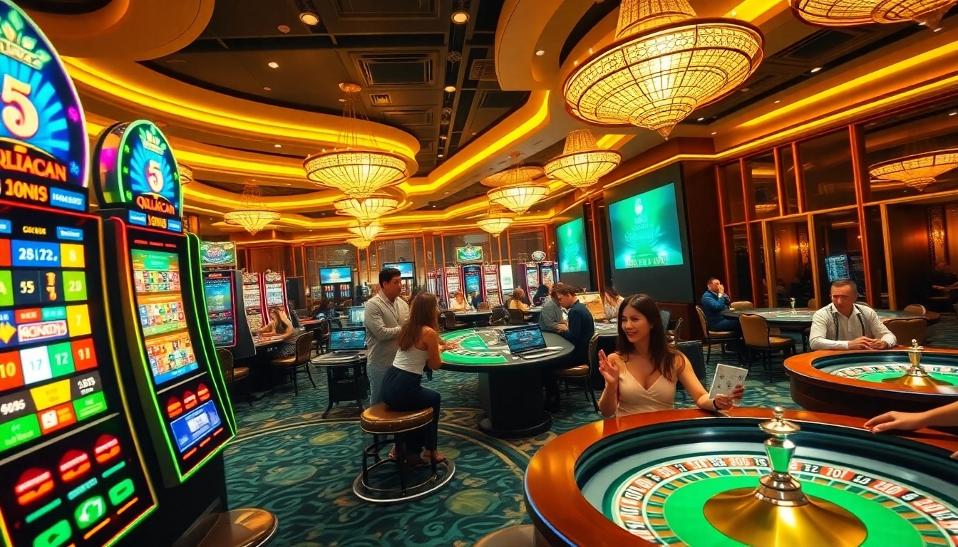 Players enjoy a thrilling gaming session at qqmacan's vibrant casino, filled with slot machines and poker tables.