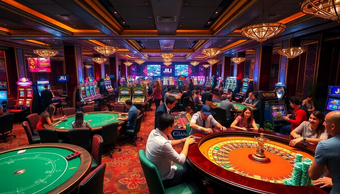 Players enjoy engaging casino games with JILI branding, showcasing vibrant slot machines and exciting tables.