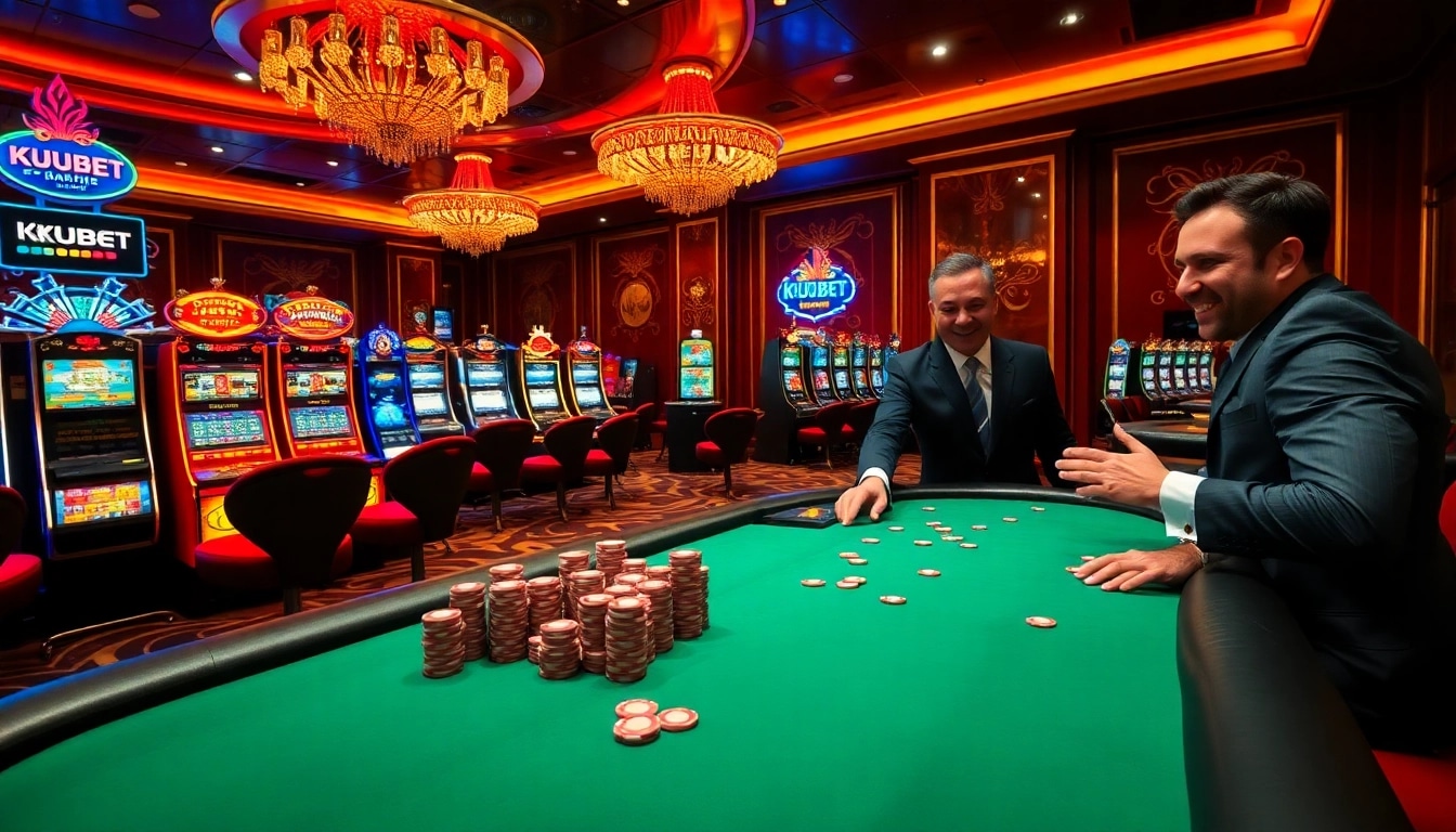 KUBET casino scene featuring engaging players at roulette and blackjack tables, creating a vibrant atmosphere.