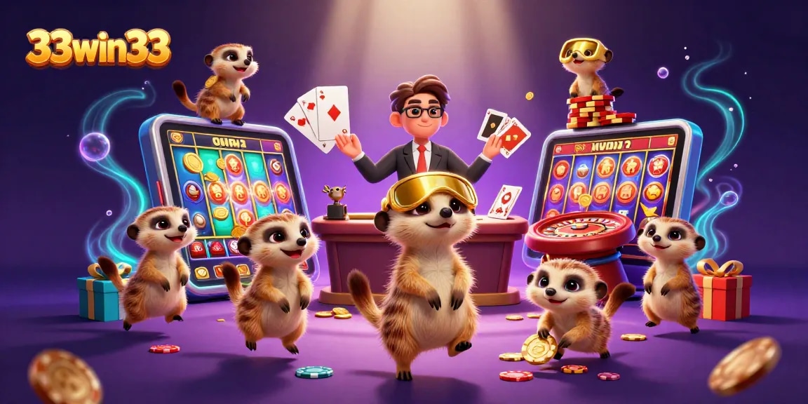 Engage in thrilling gameplay with 33win33 as meerkat dealers and a pit boss oversee an exciting casino scene.