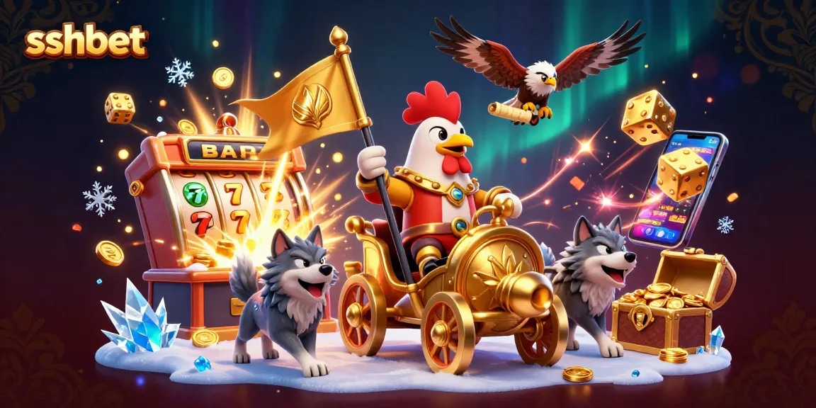 Experience thrilling gameplay at sshbet with a 3D illustration of casino elements and a rooster warlord chariot scene.