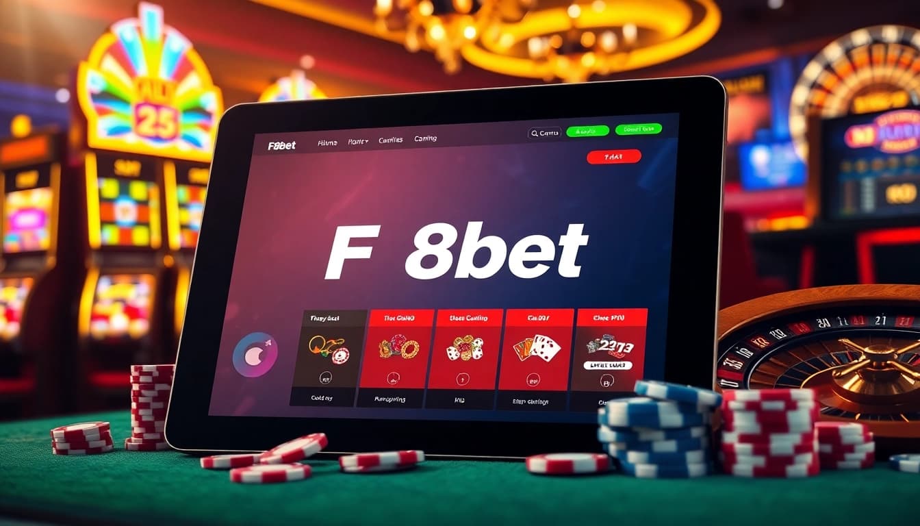 F8bet players engaging with colorful casino tables and exciting slot machines in a vibrant gaming atmosphere.