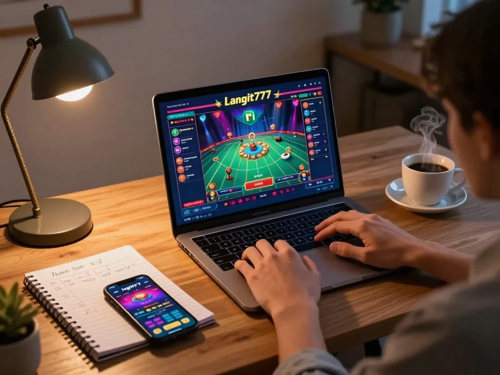 Engaging online gameplay with Langit777 on a laptop, warm home office setting, and strategic notes nearby.