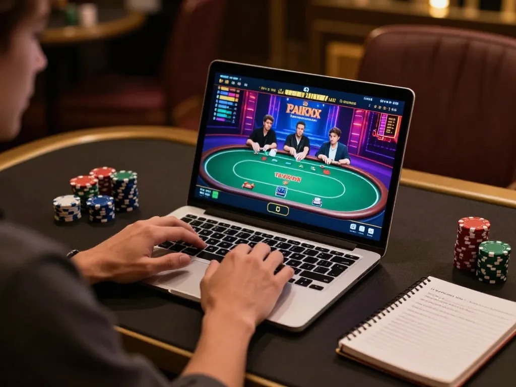 Player engaging in online poker at okwin, using laptop with vibrant graphics in a stylish setting
