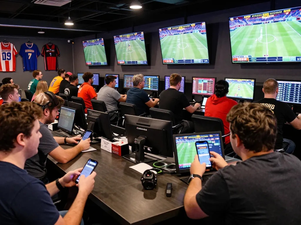 Fans eagerly placing bets using the god55 sports app during a live sports event, showcasing the excitement of sports betting.