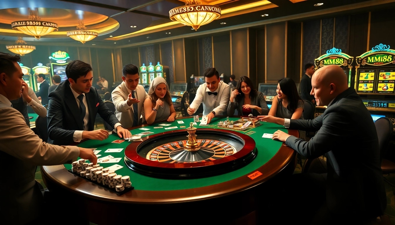 Players enjoying an exhilarating game at the MM88 casino table with vibrant gaming elements.