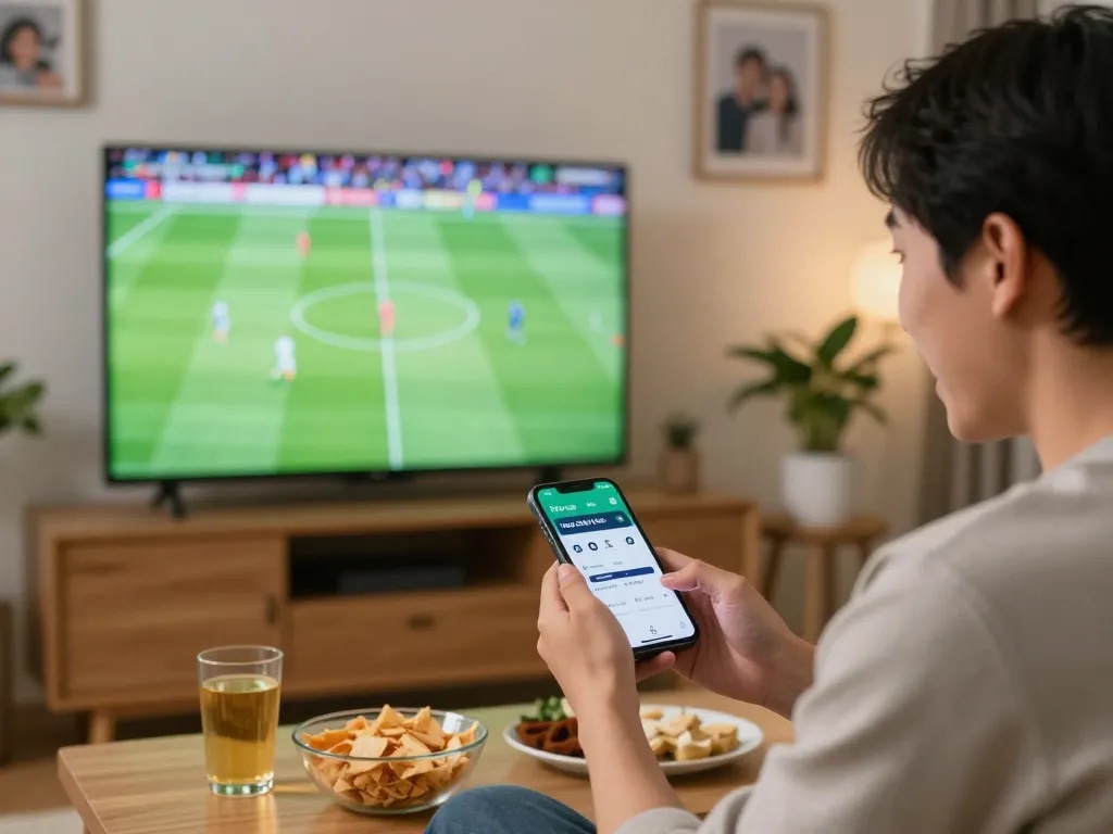 Engaged bettor analyzing Tỷ Lệ Bóng Đá odds on smartphone while watching football match live