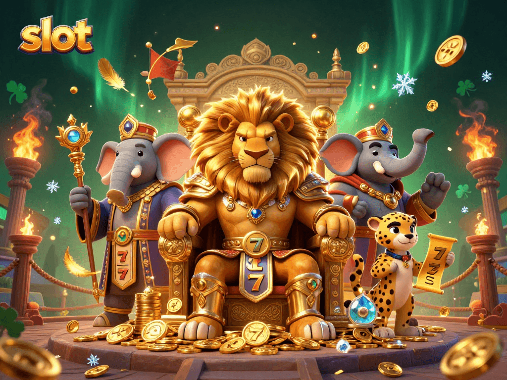 Experience thrilling slots action with our vibrant casino scene featuring a lion king and lucky symbols.