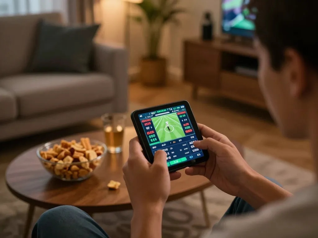 Soi Kèo sports betting enthusiast analyze odds on smartphone while enjoying a match at home