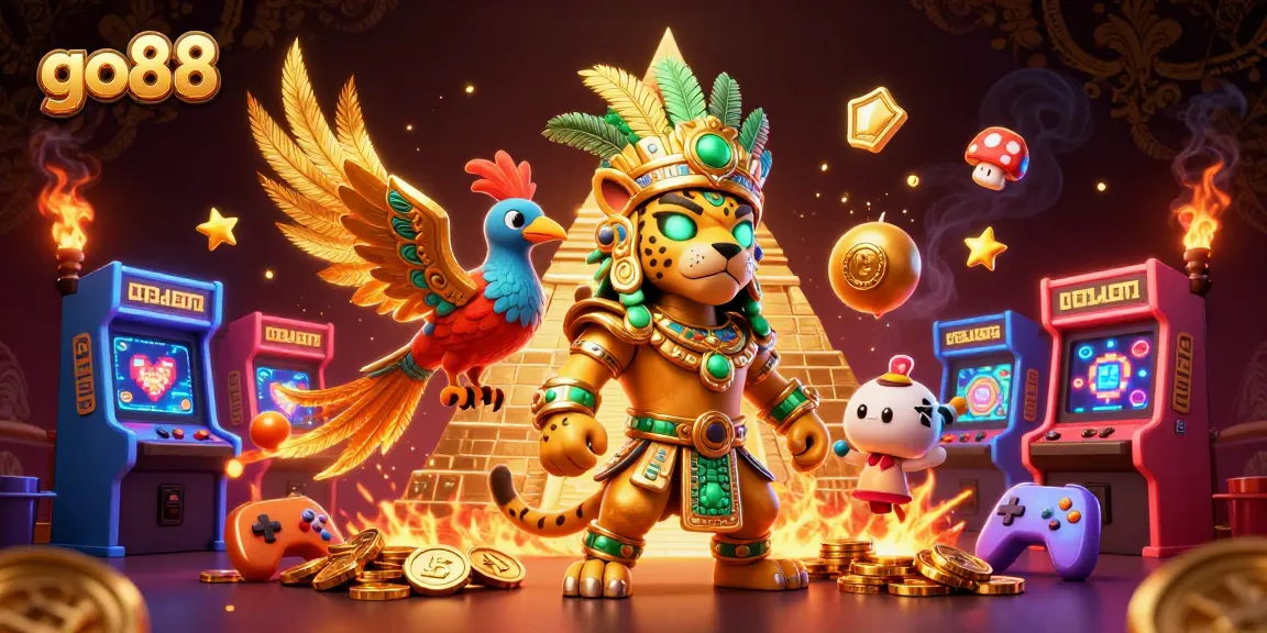 Experience thrilling action at go88 with colorful game machines and Mayan priest surrounded by rich casino elements.