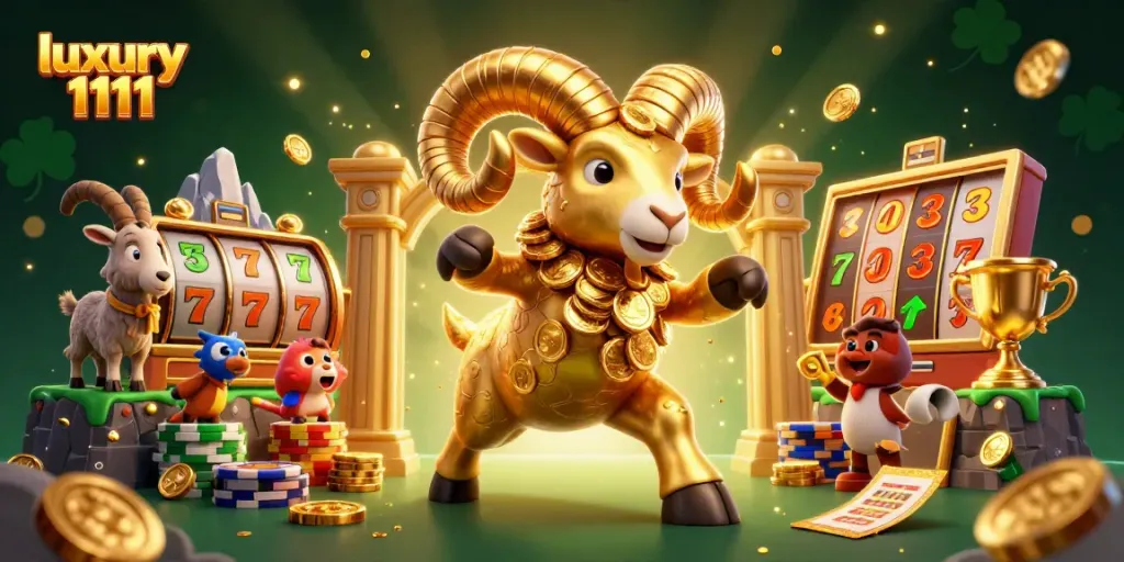 Keseruan bermain di luxury 1111 dengan domba emas dan simbol jackpot yang megah.