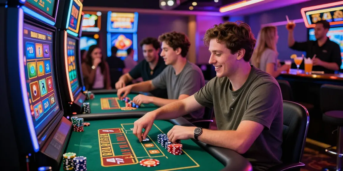 Exciting credit card casino scene with a lively player at a gaming table, showcasing colorful chips and digital screens, highlighting the vibrant atmosphere of online gambling.