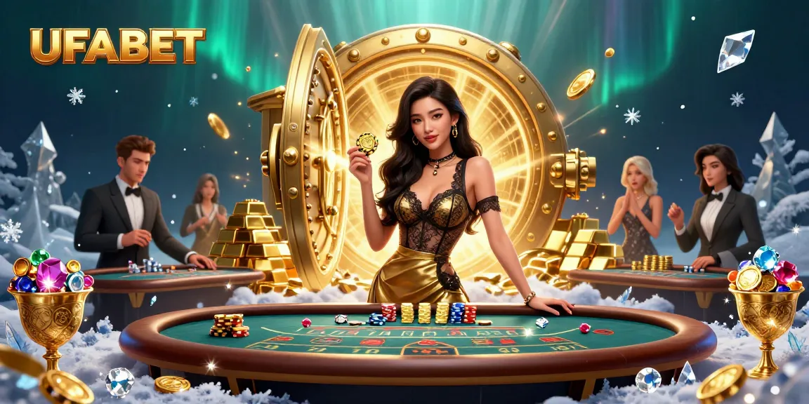 Win big with UFABET in this vibrant online casino scene showcasing a glamorous baccarat table and golden treasures.