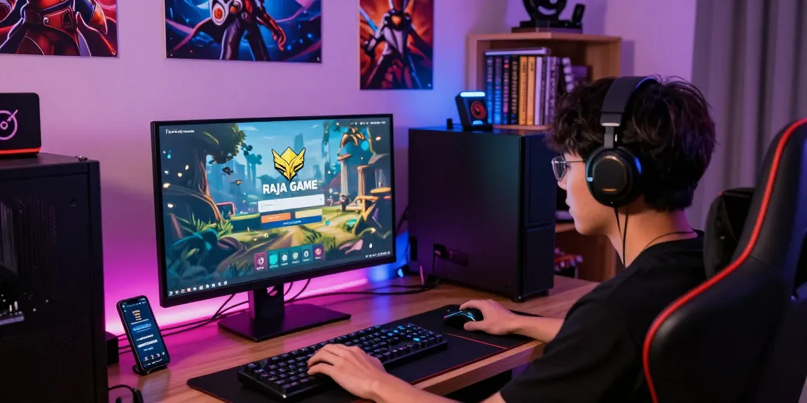 Enthusiastic gamer logging into Raja Game platform with colorful setup and gaming accessories.