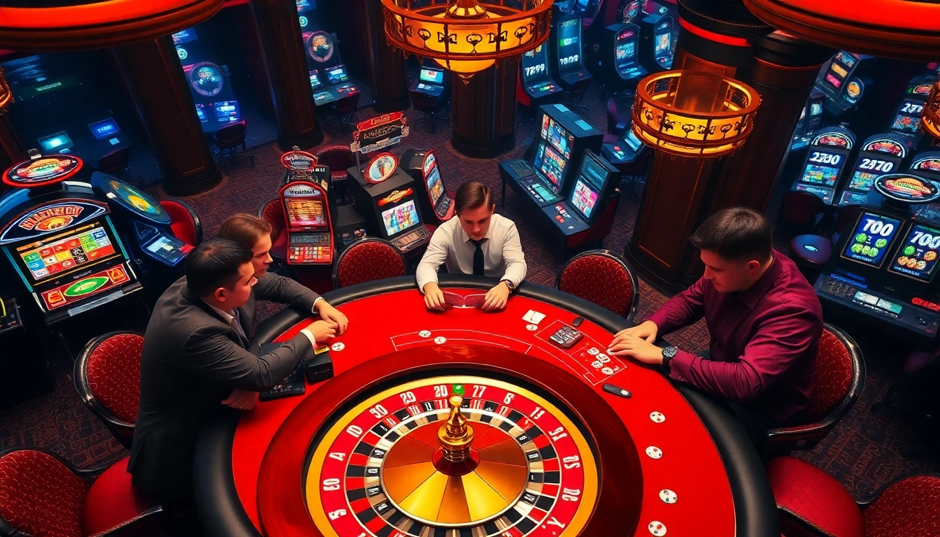 Players engaging in high-stakes poker at 789P casino with vibrant decor and a roulette wheel.