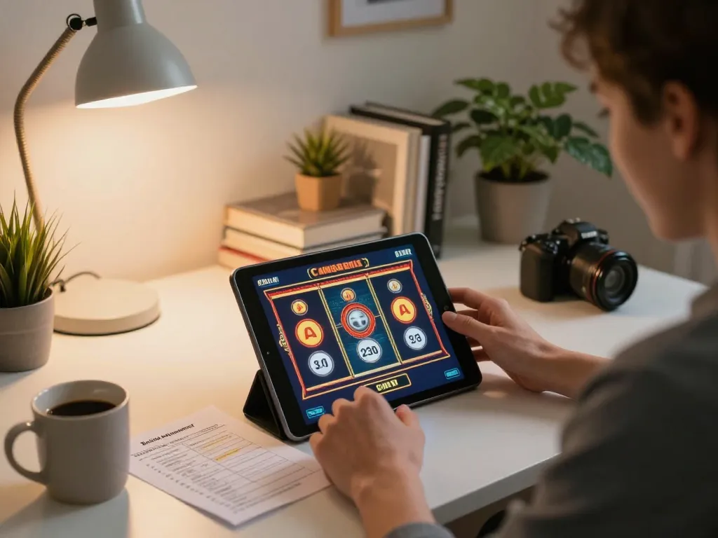 Engaging with slot depo 5k gameplay on a tablet at home, showcasing responsible gambling environment.