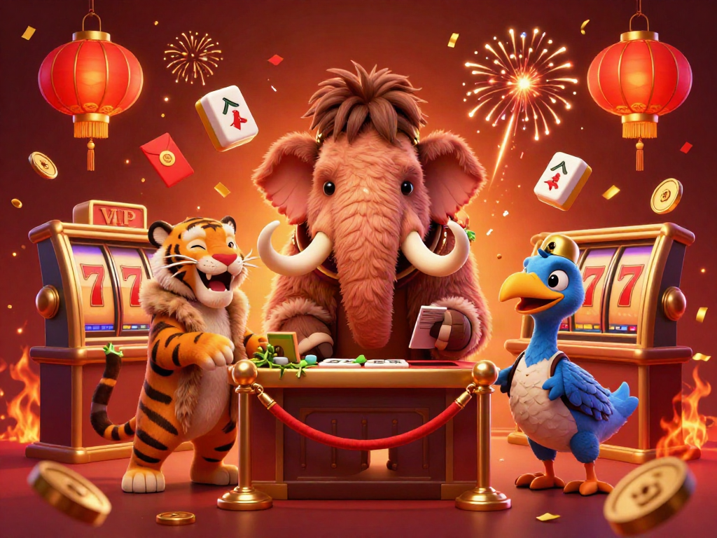 Slot game dengan karakter mamut raksasa dan harimau, penuh elemen keberuntungan dan latar cerah.