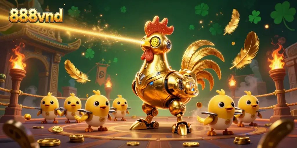 Experience thrilling gaming at 888vnd with a golden rooster robot and dynamic gambling elements.