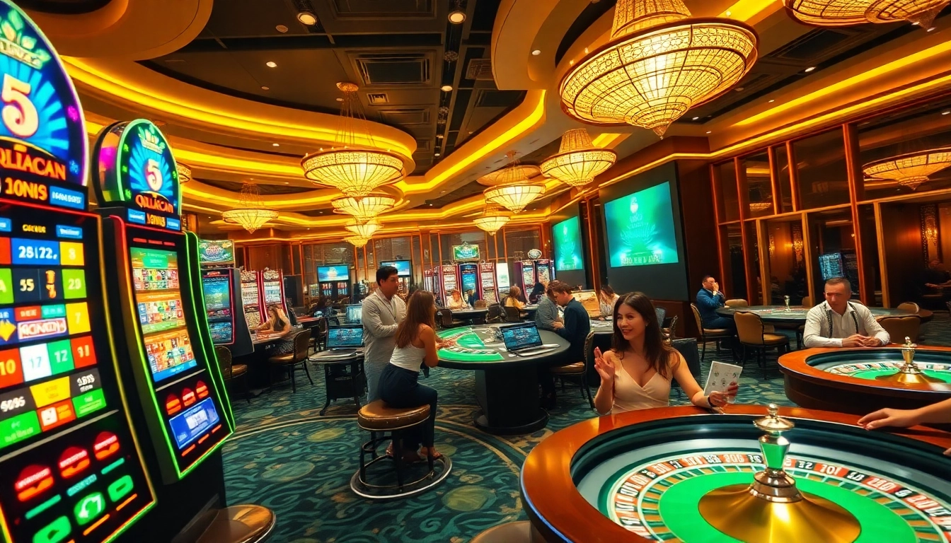 Players enjoy a thrilling gaming session at qqmacan's vibrant casino, filled with slot machines and poker tables.