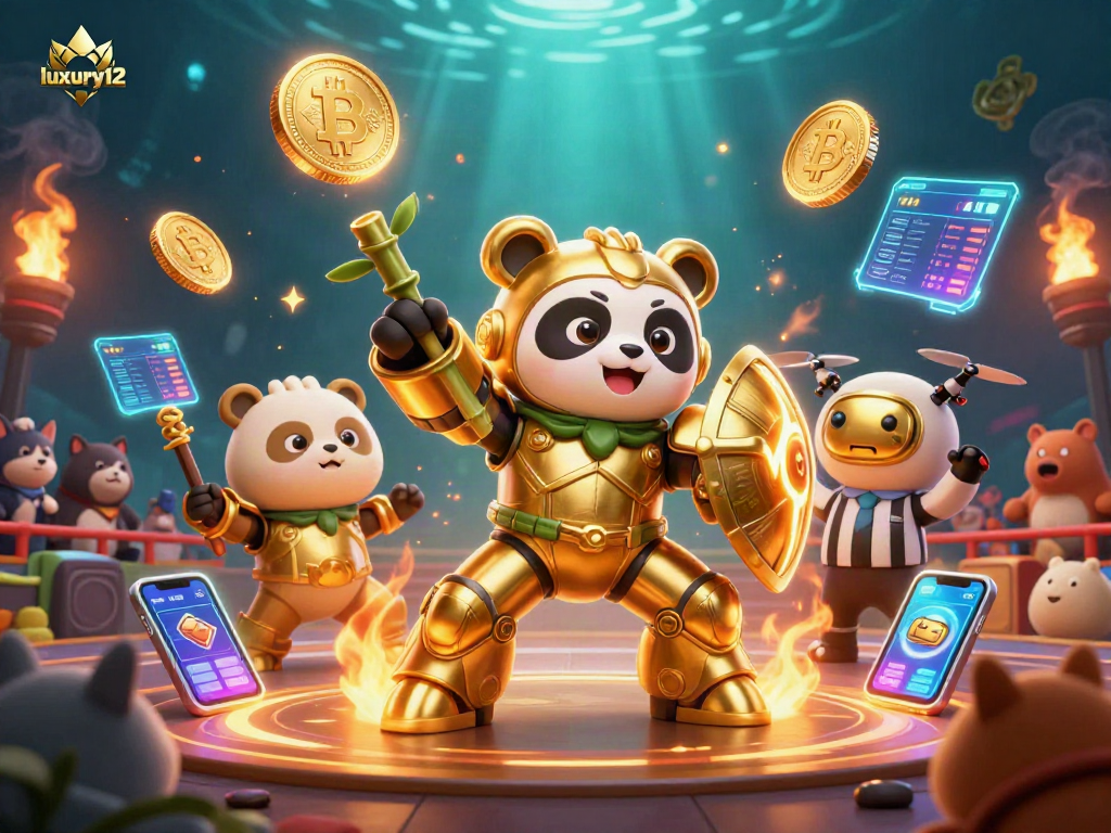 Gambarkan kemewahan luxury12 dengan panda emas yang beraksi di arena kasino digital.