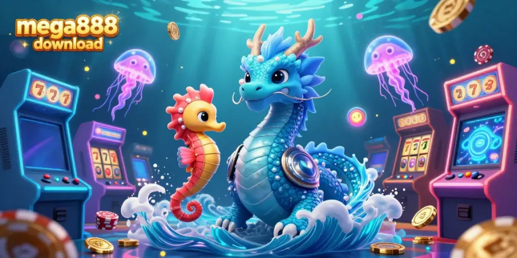 Engage in thrilling gameplay with mega888 download amidst vibrant 3D dragon and seahorse in this rich casino scene.