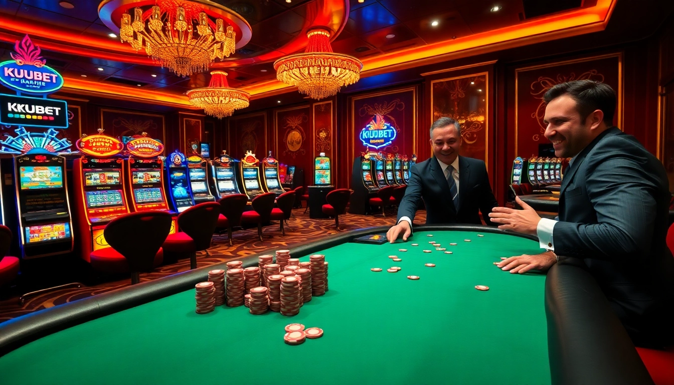KUBET casino scene featuring engaging players at roulette and blackjack tables, creating a vibrant atmosphere.