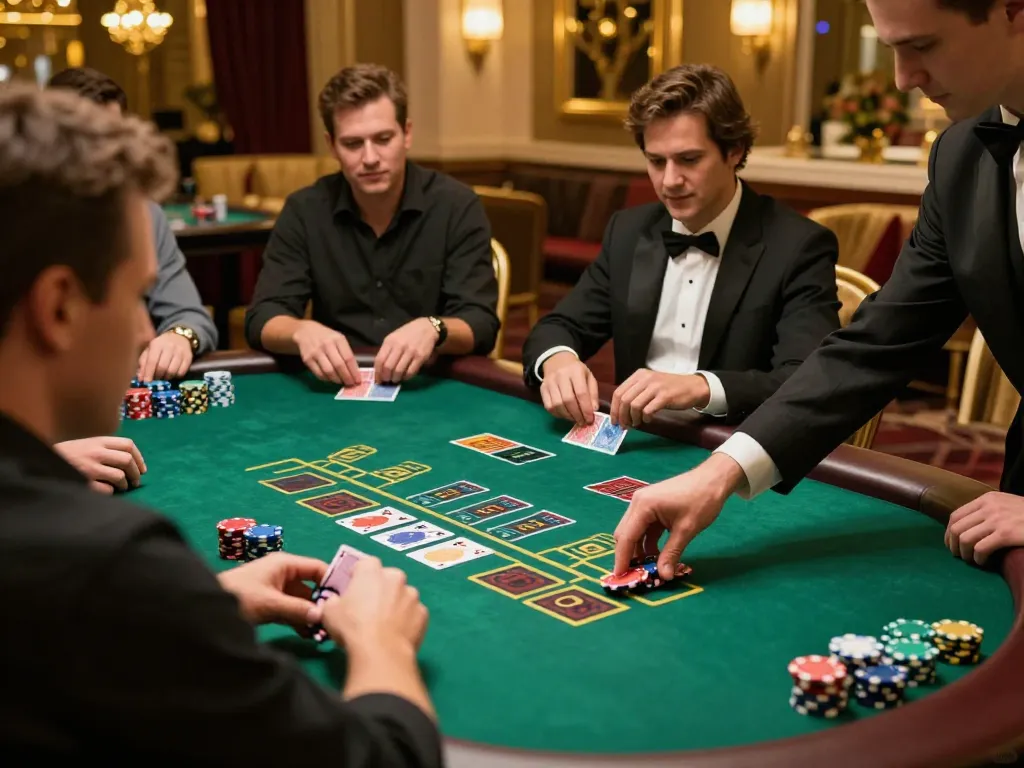 Players engaging in strategic gameplay at a blackjack table in an upscale casino while using MM88 for optimal betting.