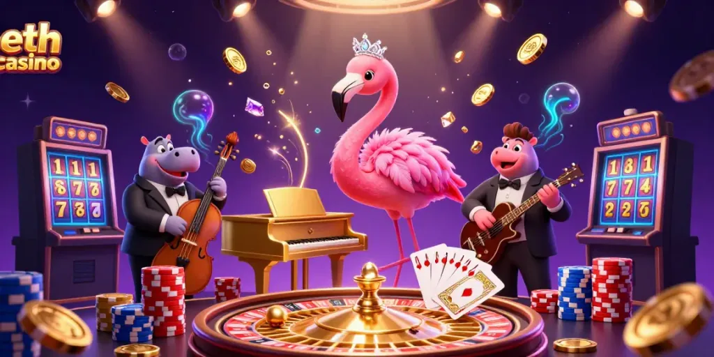 Play exciting games at the eth casino with a vibrant 3D scene of a flamingo singer and hippo bassist.