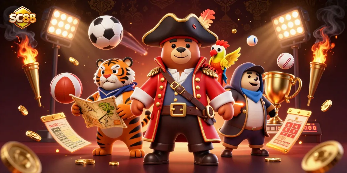 Engage with SC88's thrilling casino adventure showcasing a pirate bear, tiger first mate, and treasure map.