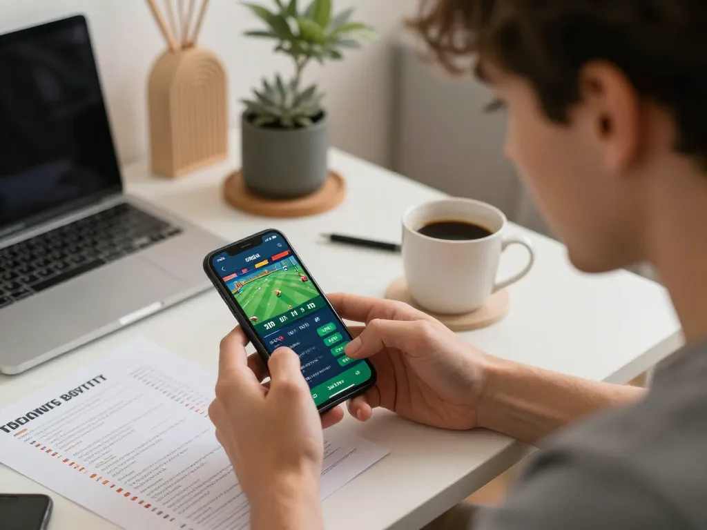 Excited user placing bets on their smartphone using link gg88 in a cozy home environment.