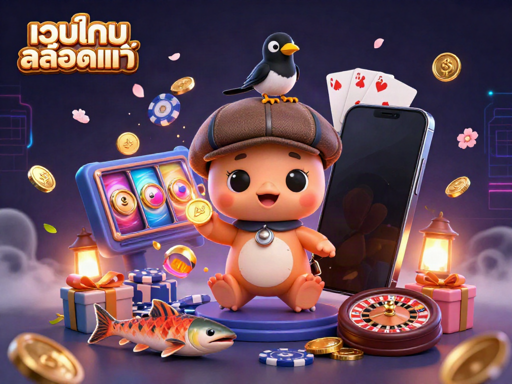 Engage with เว็บเกมสล็อตแท้ featuring a playful cartoon Nessie and casino elements in a vibrant 3D illustration.