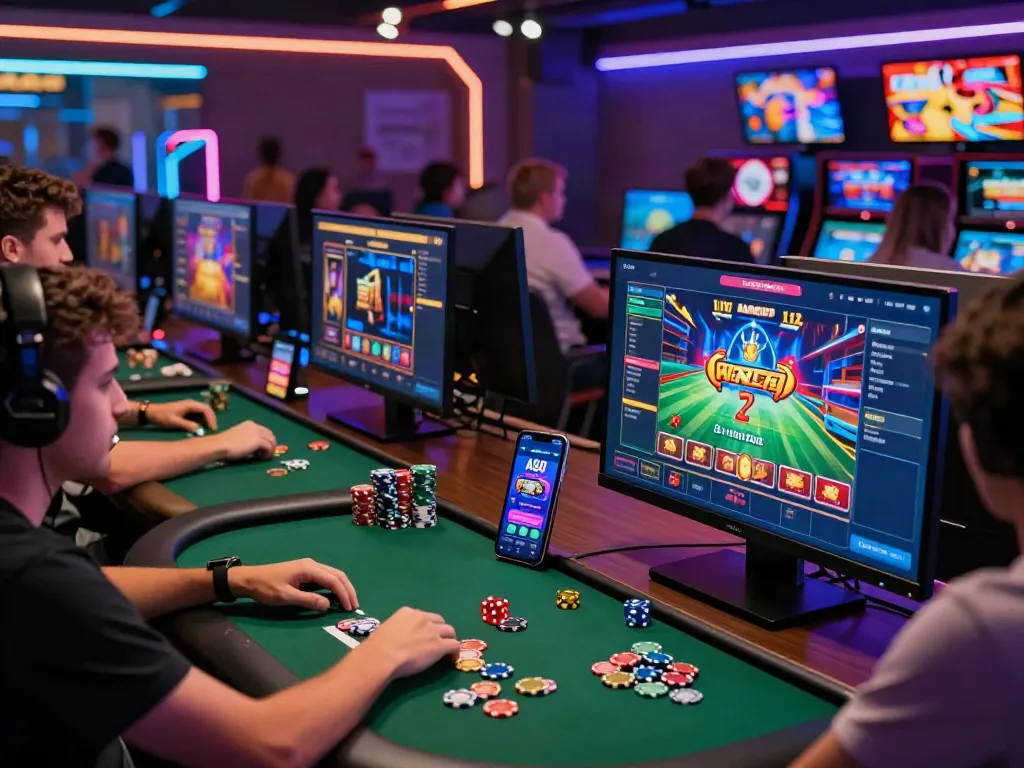 A80 gaming platform vibrant scene with players engaged in various games, showcasing modern interface and lively atmosphere.