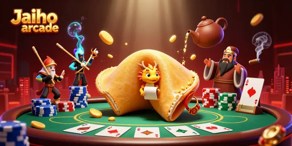 Engage with Jaiho arcade's gaming features through a vibrant 3D illustration showcasing dynamic casino elements.