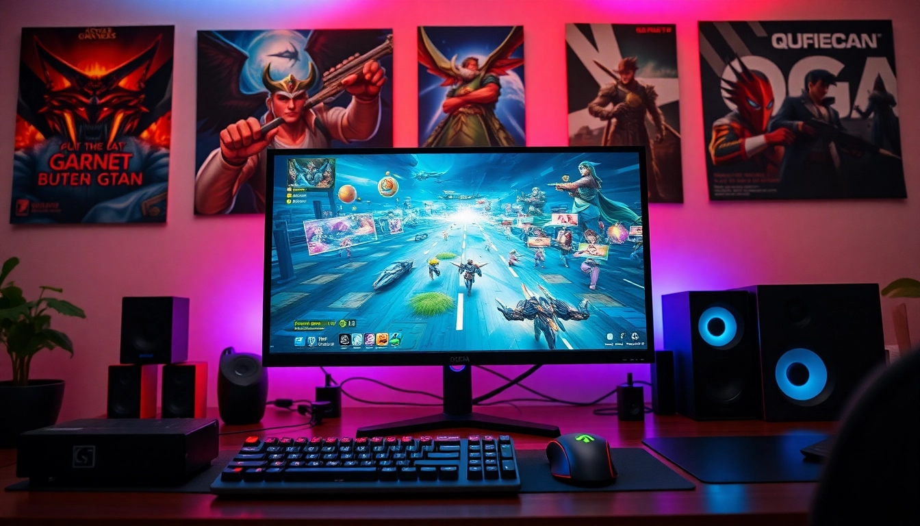 Bermain qqmacan game dengan semangat di setup gaming modern yang energik dan penuh warna.