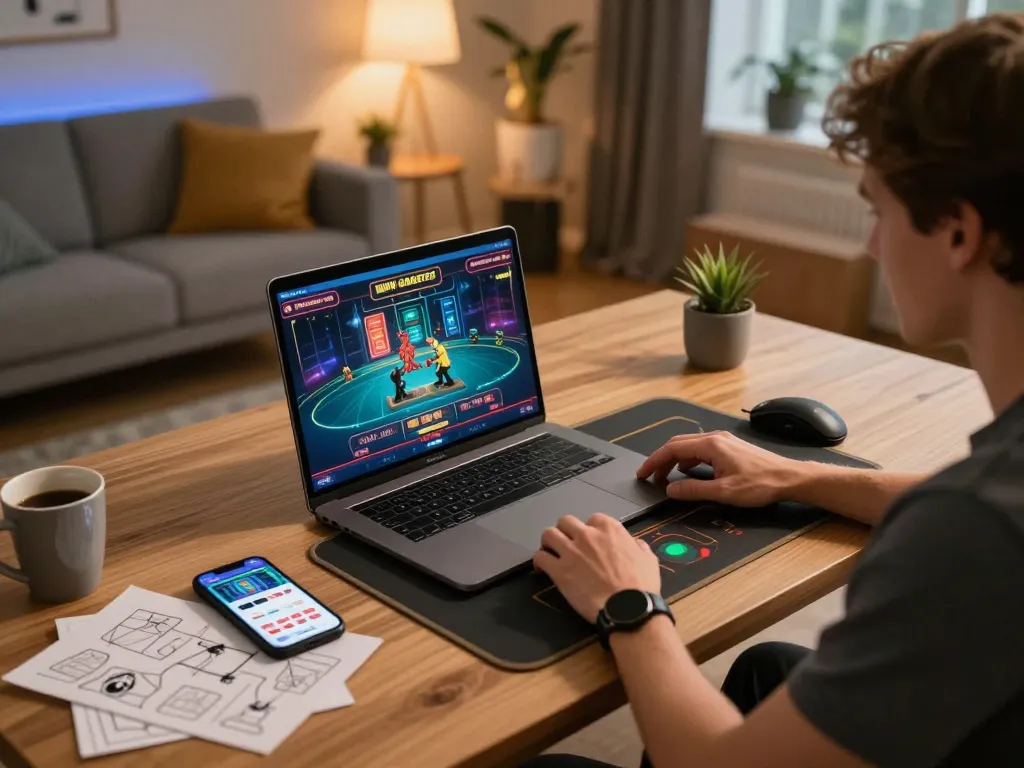 Player enjoying a non gamstop online casino game at home, showcasing strategic gaming setup